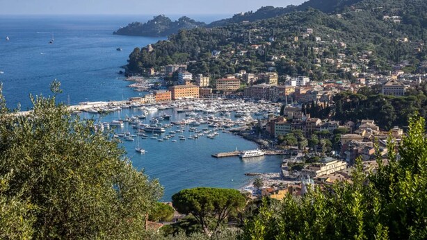 Una cittadina costiera con un porto turistico, edifici e colline.