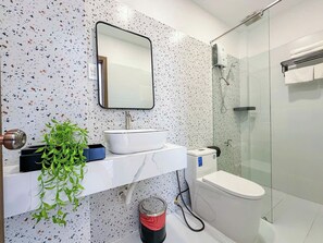 Ducha, secador de pelo, pantuflas, toallas