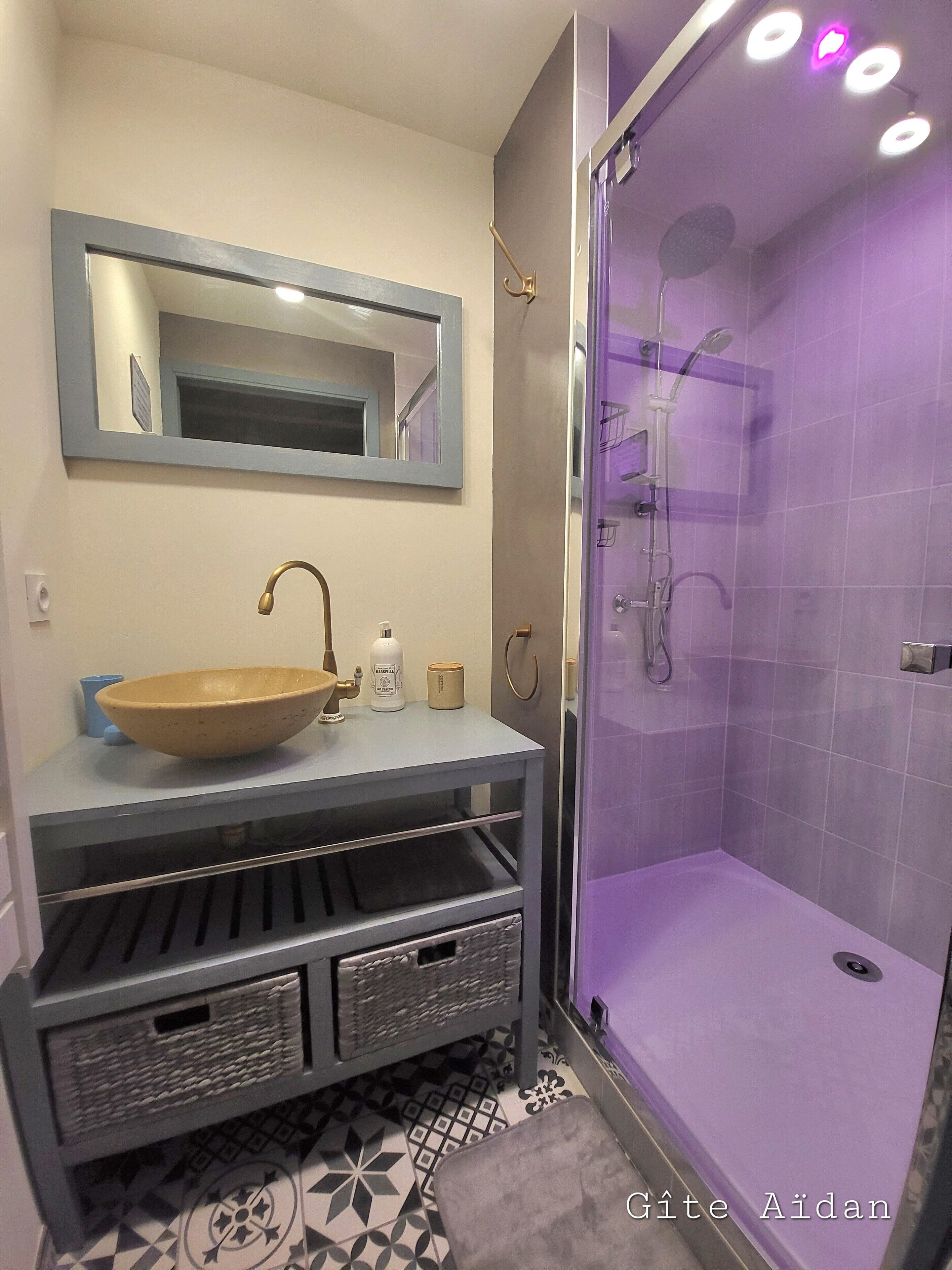 Chuveiro, secador de cabelo, toalhas de banho 