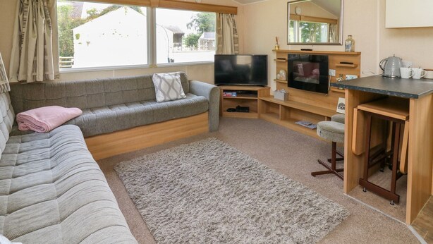 Ein gemütliches Wohnzimmer mit einer Couch, einem Fernseher, einem Couchtisch und einer kleinen Küchenzeile mit einem Spiegel und einem Wasserkocher.