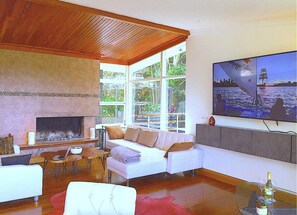 A modern living room with a fireplace, a large window, a sofa, and a painting of a cityscape. - Grand Haven With Sea View! For Executives and Remote! Adults Only! City Close! (Sydney)