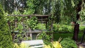 Ein Garten mit einer hölzernen Bank, einem historischen Wasserrad und verschiedenen Pflanzen.