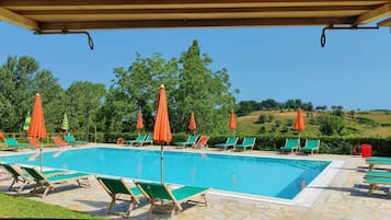 Seasonal outdoor pool, open 9:00 AM to 7:00 PM, pool umbrellas