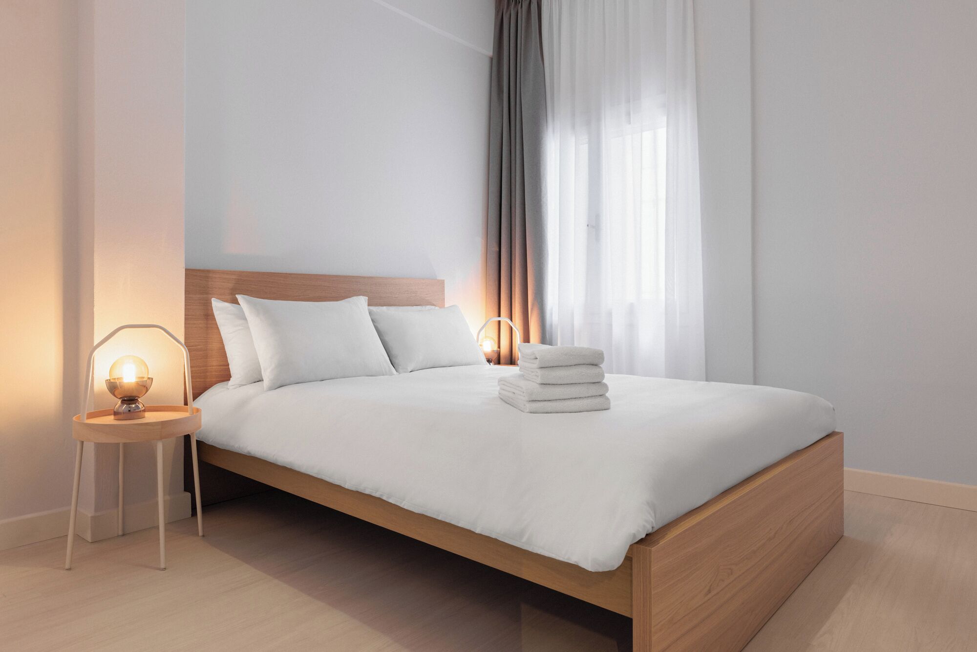 Desk, laptop workspace, blackout curtains, iron/ironing board