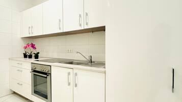 Basic Apartment | Private kitchen | Fridge, oven, stovetop, cookware/dishes/utensils
