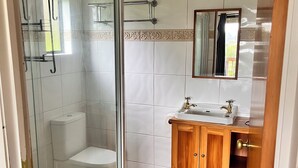 A bathroom with a glass-enclosed shower, a toilet, a sink with a mirror, and a wooden cabinet. - Valley Views Barn - self contained accommodation with amazing views (Waiatarua)