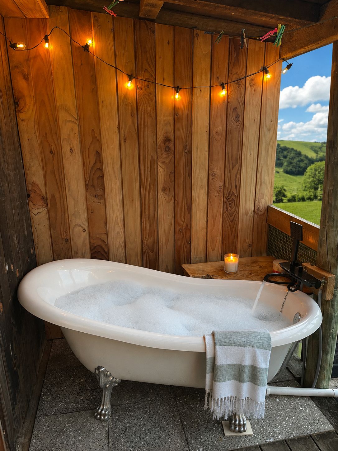 A wooden cabin bathroom with a freestanding bathtub, string lights, and a view of the countryside.