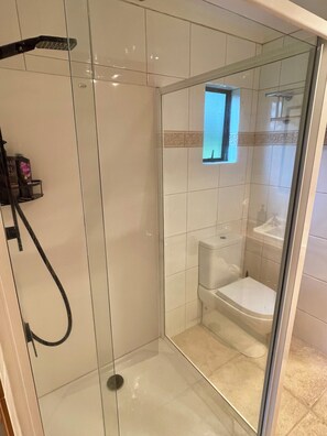 A glass-enclosed shower stall with a handheld showerhead, a toilet, and a small window. - Swallows Nest Cottage -self contained with amazing views and outdoor bath. (Waiatarua)