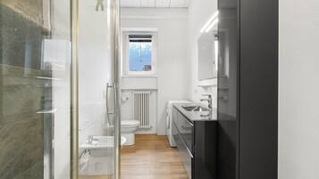 Shower, hair dryer, towels, toilet paper