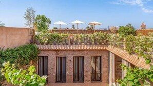Una terraza en la azotea con paredes de ladrillo, varias ventanas y sombrillas exteriores.