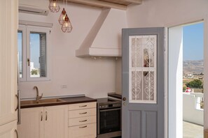 Fridge, microwave, oven, stovetop - Aether Mykonos 5BR Villa with Port & Town Views (Tourlos)
