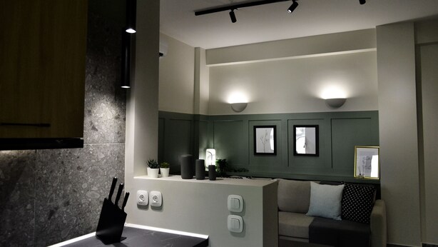 A modern living room with a sofa, a coffee table, and a kitchen area with a counter and utensils.