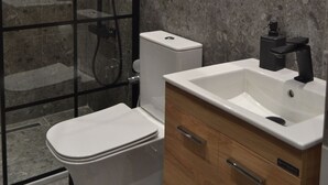 A modern bathroom with a glass-enclosed shower, a white toilet, and a wooden vanity with a sink.
