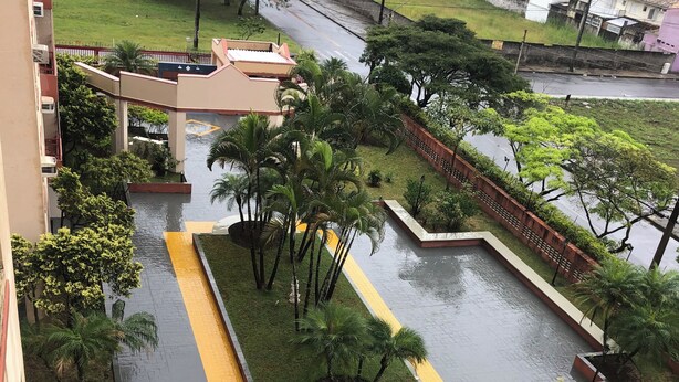 Une cour intérieure agrémentée d’une fontaine centrale, entourée de palmiers et bordée d’un chemin jaune.