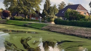 Una zona residencial con un estanque, casas y un césped bien cuidado.