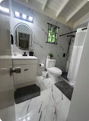 Regadera, secadora de cabello, toallas, jabón 