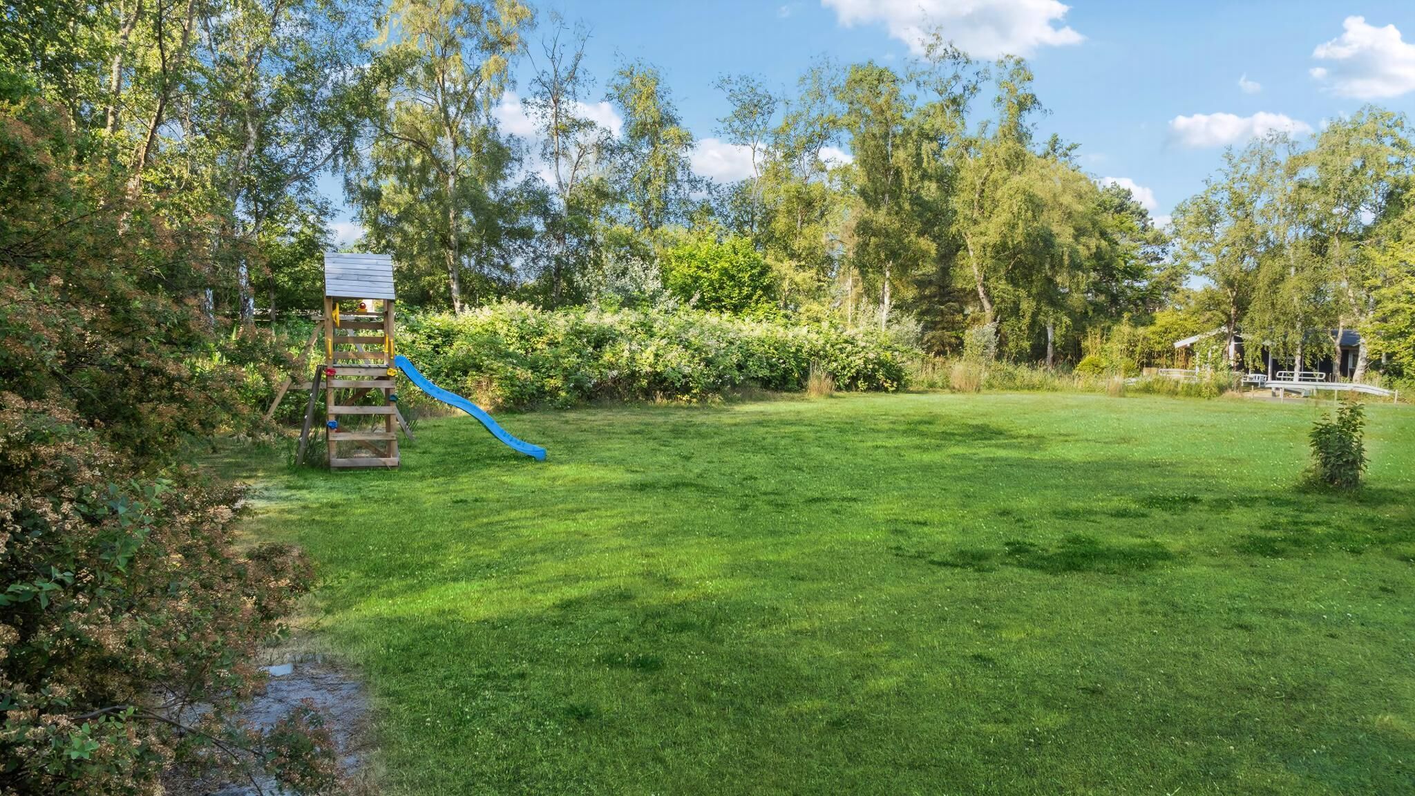 A grassy outdoor area with a wooden play structure and a blue slide.