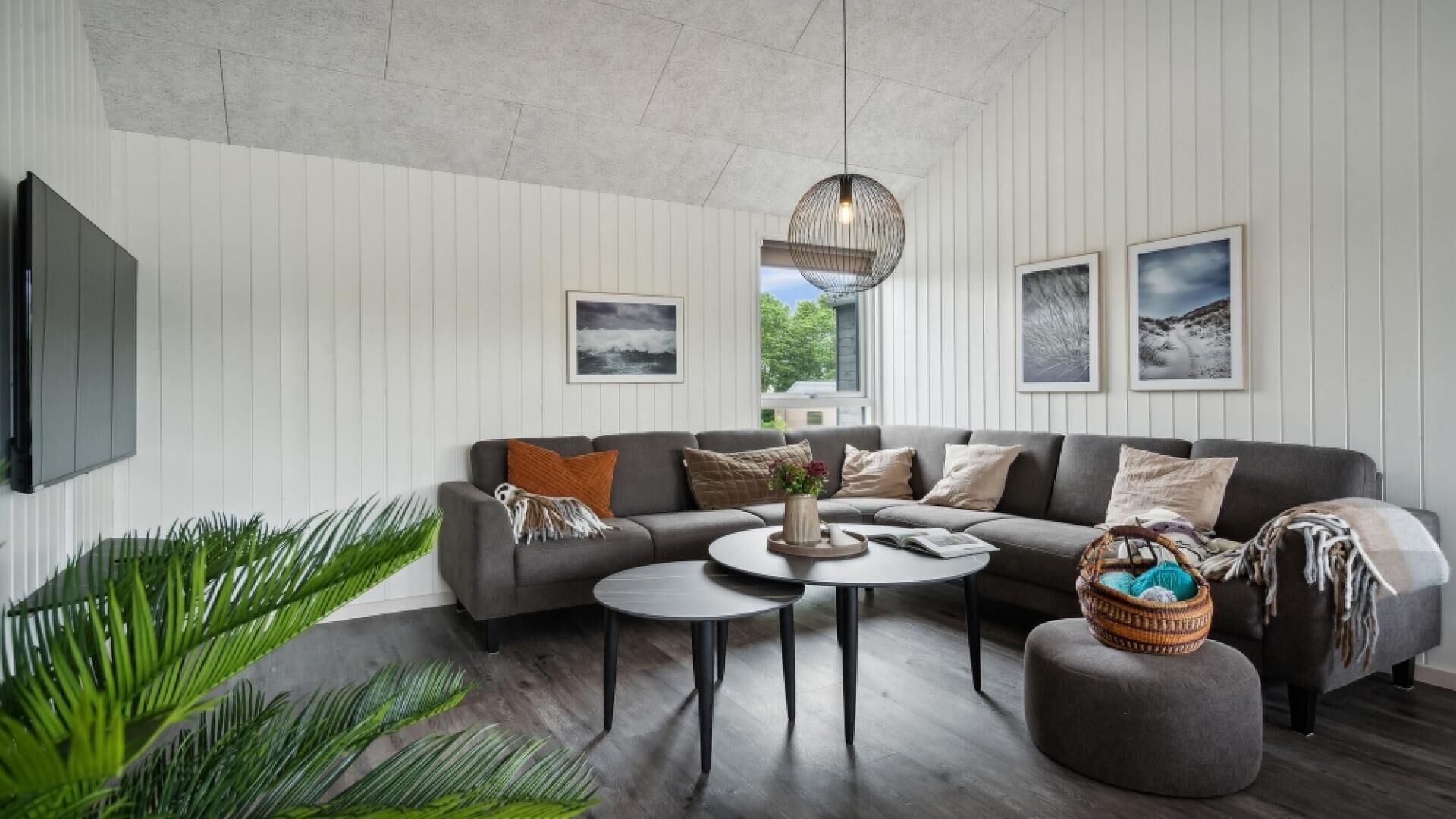 Un salon moderne avec un canapé d’angle gris, une table basse ronde et une grande plante en pot.
