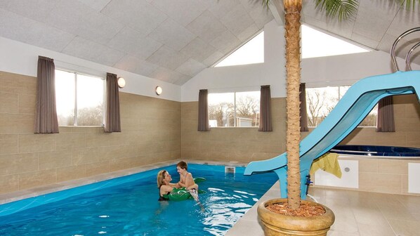 Une piscine intérieure avec un toboggan, un palmier et un mur vitré.