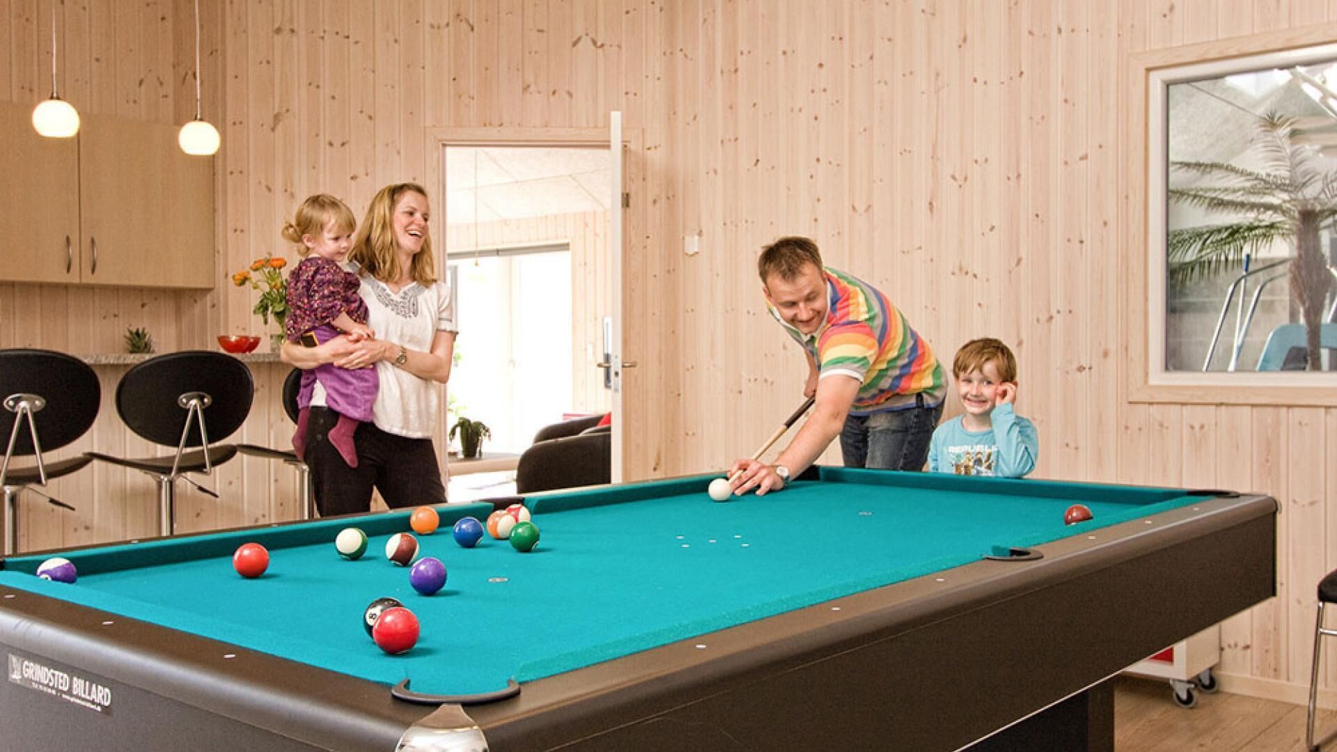 A pool table in a room with wooden walls and a door leading outside.