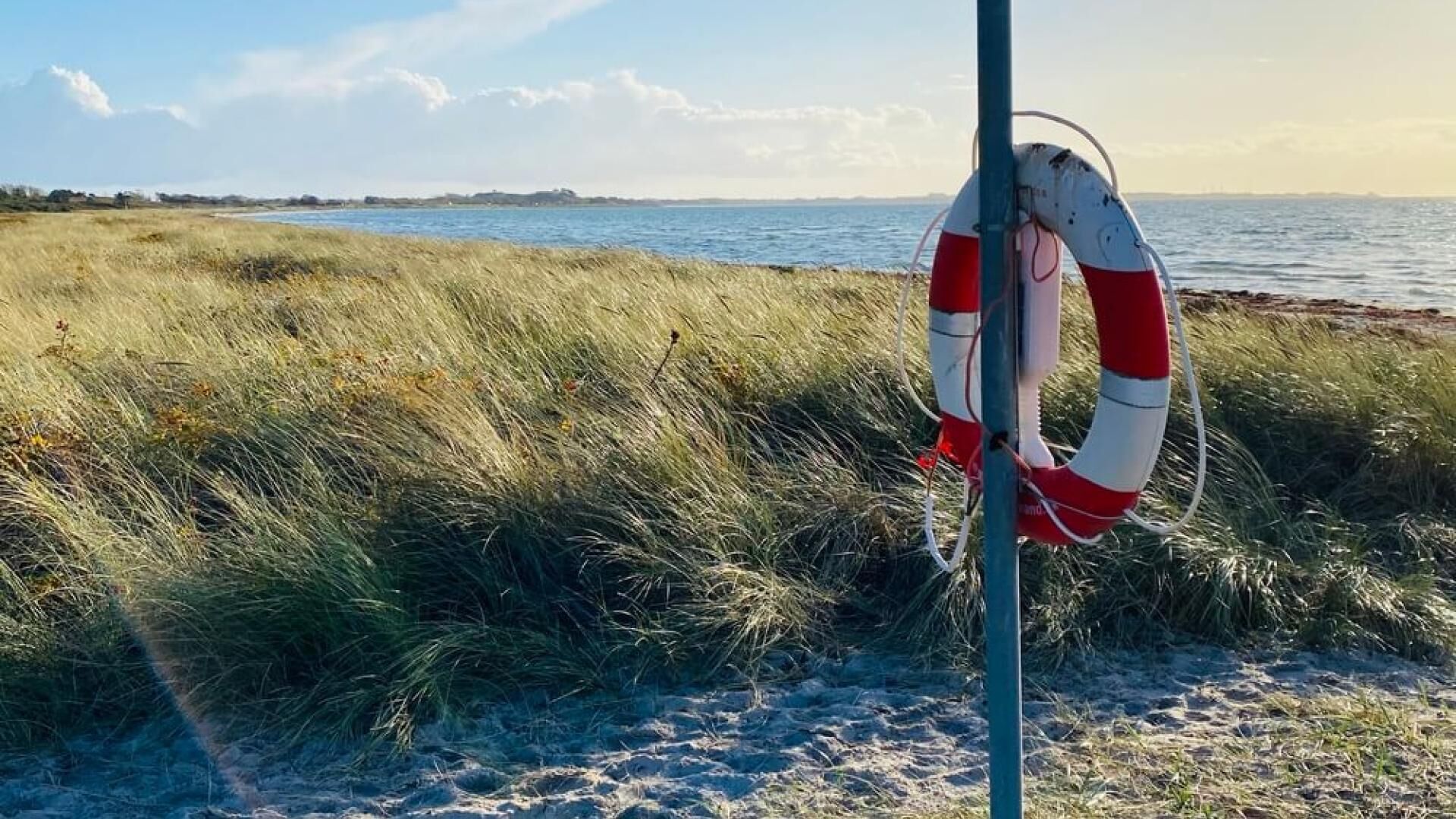 En redningskrans fastgjort til en pæl ved kysten.