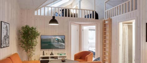 TV, fireplace, video-game console, foosball