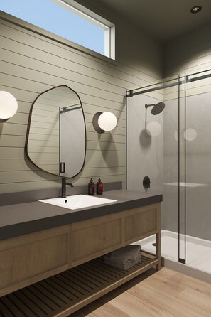 Cabaña Premium | Baño | Regadera, amenidades de baño gratuitas, secadora de cabello, toallas 