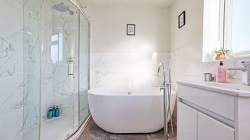 Hair dryer, towels, soap, toilet paper