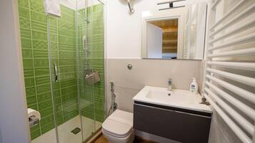 Habitación con 1 cama doble o 2 individuales | Baño | Ducha, secador de pelo, toallas y jabón