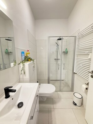 Shower, towels, soap, toilet paper - Modern new building near Lübeck (Stockelsdorf)