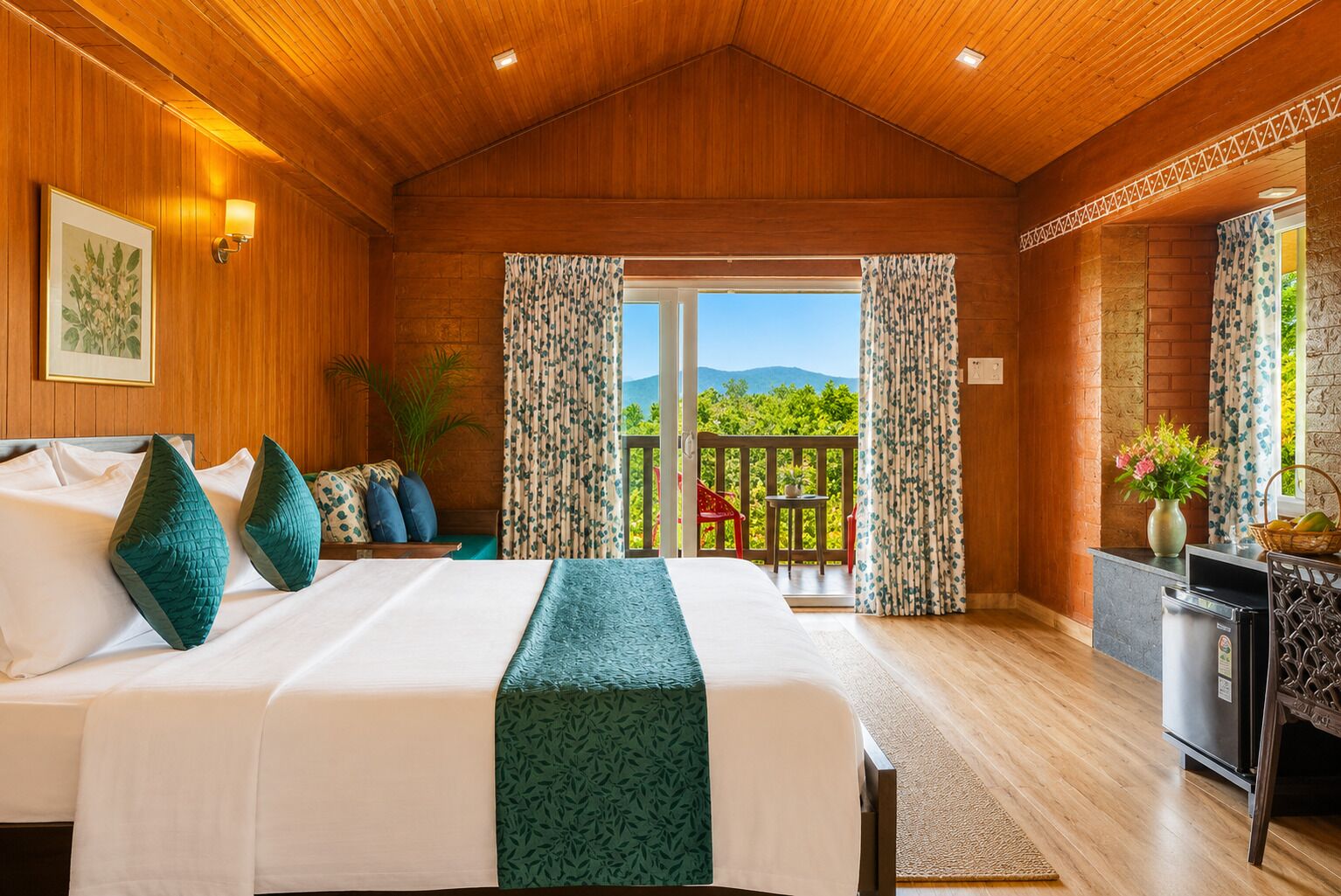 A room with a bed, a desk, a chair, and a view of greenery outside.
