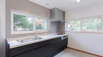 Fridge, microwave, stovetop, electric kettle