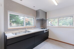 Fridge, microwave, stovetop, electric kettle