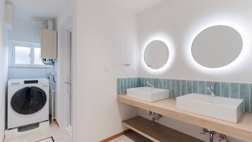 Hair dryer, towels, soap, shampoo