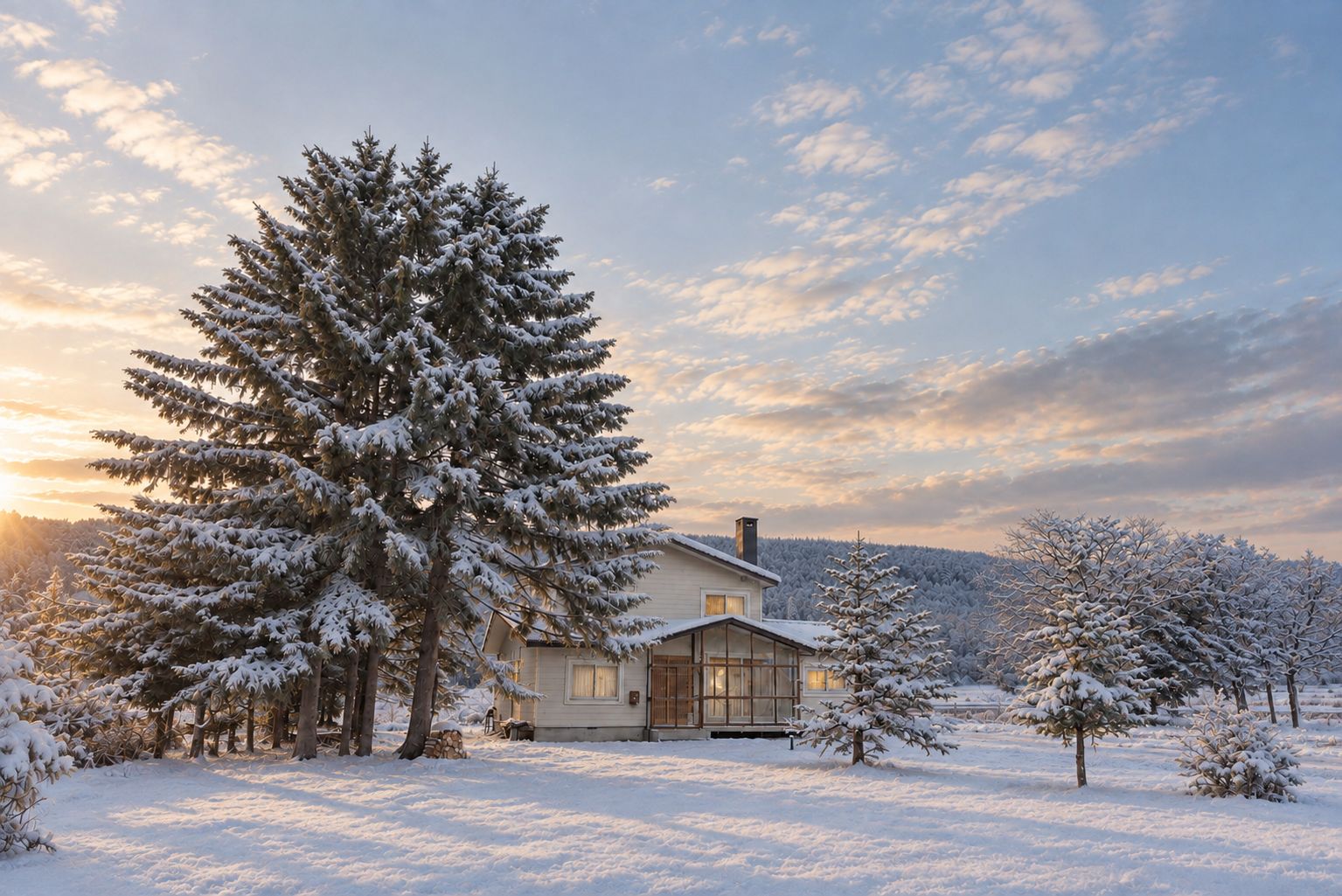 A house surrounded by snow-covered trees.