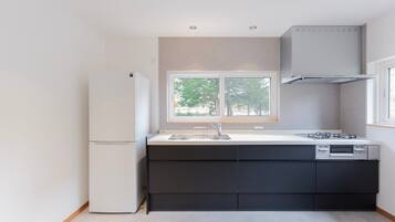 Fridge, microwave, stovetop, electric kettle