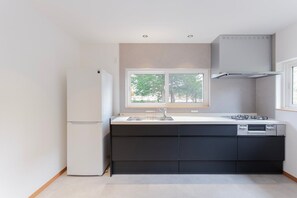 Fridge, microwave, stovetop, electric kettle