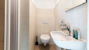A small, modern bathroom with a white sink, a toilet, and a mirror above the sink. - Near the lake and the center (FLORIDA ASCONA Room 15) (Ascona)