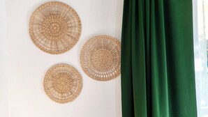 Three woven wall hangings and a green curtain. - Near the lake and the center (FLORIDA ASCONA Room 19) (Ascona)