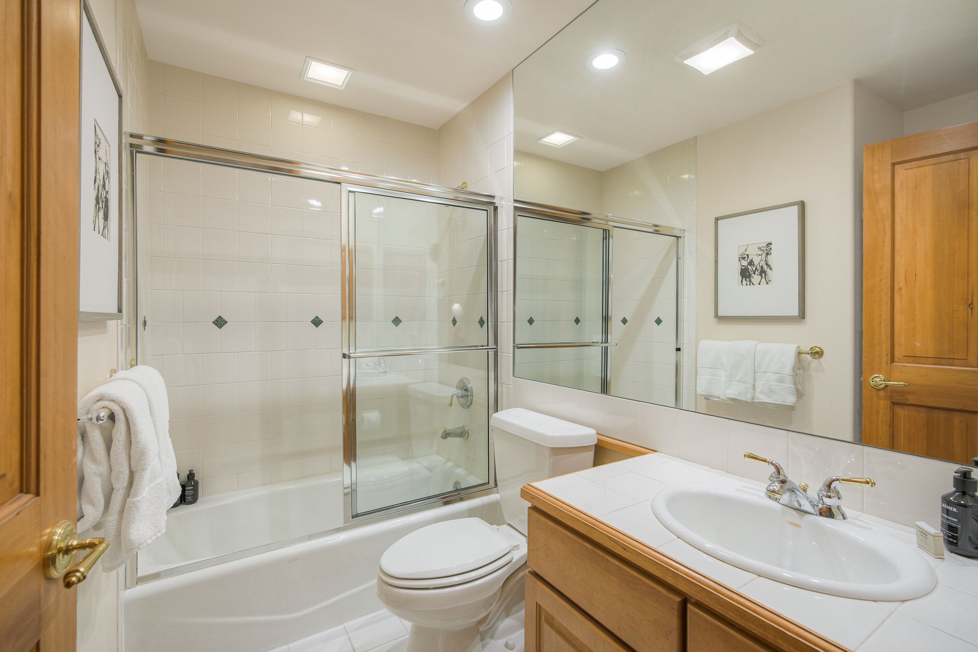 A bathroom with a glass-enclosed shower, a white toilet, and a sink with a mirror above it.