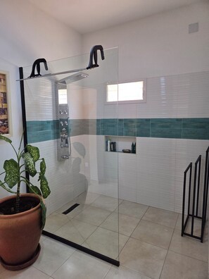 Shower, hair dryer, towels, soap