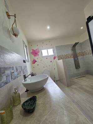 Shower, hair dryer, towels, soap