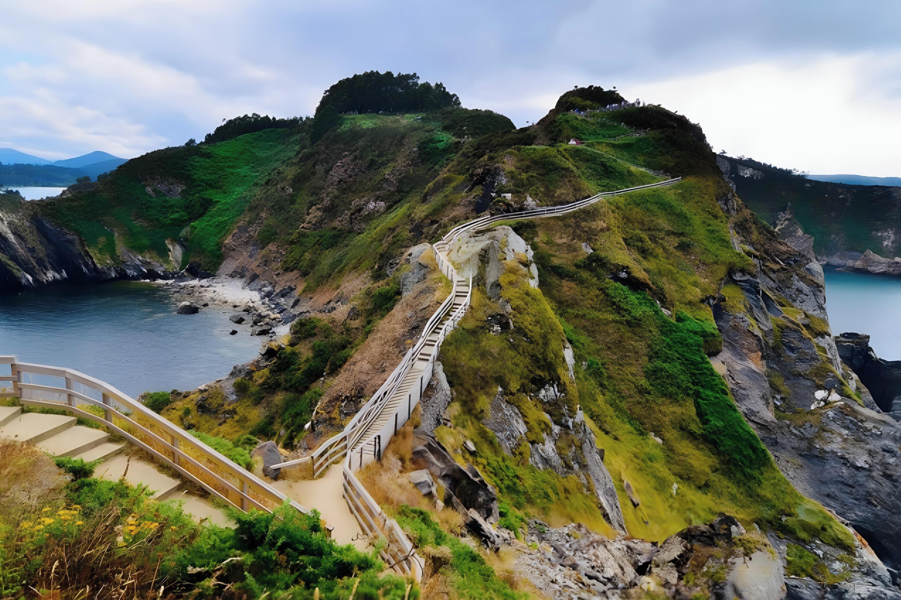 A coastal road with a bridge leading to a cliffside.