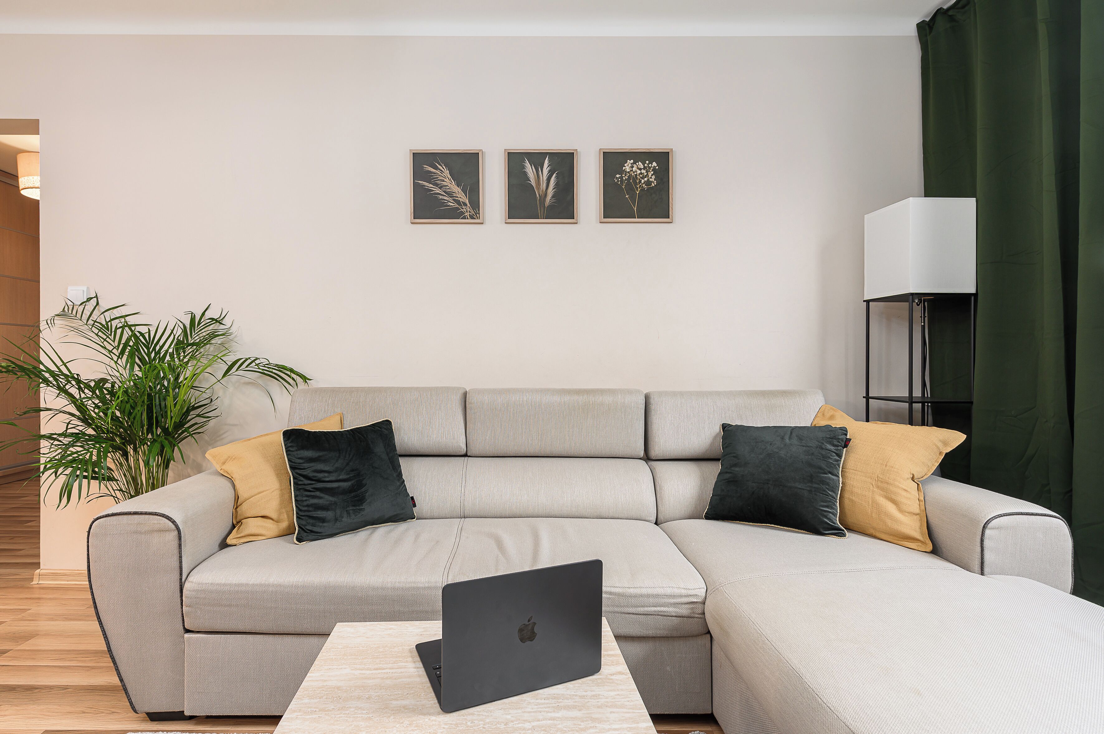 A modern living room with a grey sectional sofa, a laptop on a table, and three framed botanical prints on the wall.