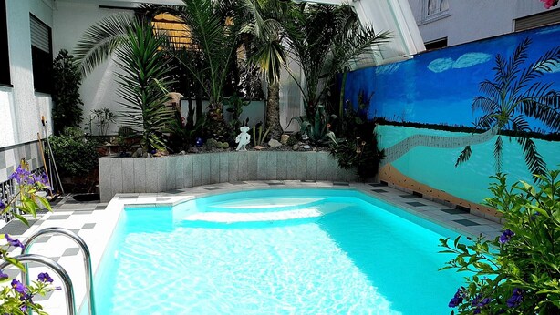 A swimming pool with clear water, surrounded by plants and a mural. - Apartment 'Eva Maria' with Shared Pool, Garden and Wi-Fi (Mahlberg)