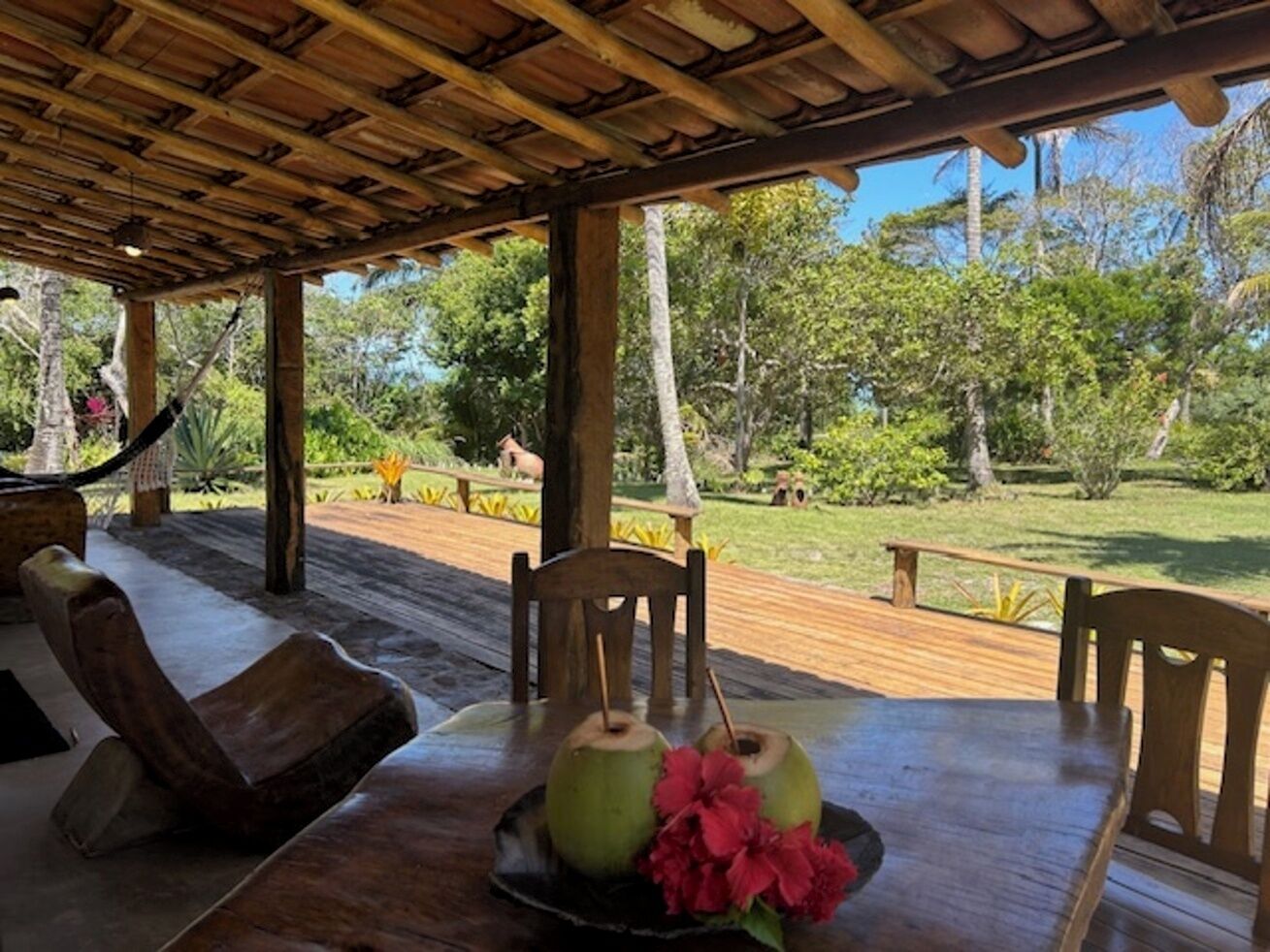 An outdoor dining area with wooden tables and chairs, surrounded by lush greenery and trees.