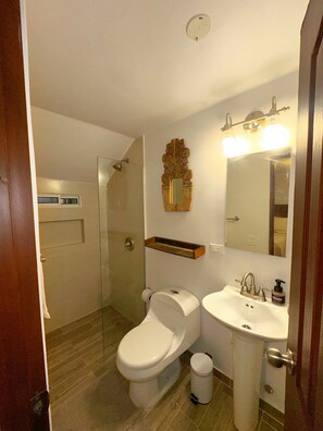 Douche, serviettes fournies, savon, papier toilette