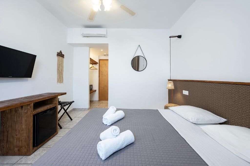 Una habitación de hotel con cama, televisión, escritorio y espejo.