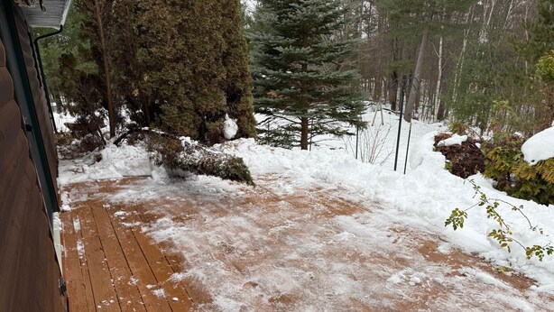 A wooden deck with snow accumulation, surrounded by trees and a fence. - The Nest, a spacious, secluded pet-friendly retreat! (Barnes)