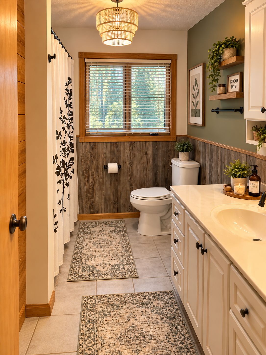 A bathroom with a shower, toilet, sink, and window with blinds.